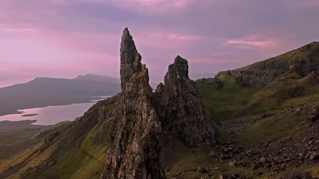 Cinematic flight over the Old Man Of Stor in autumn - Isle of Skye, Scotland