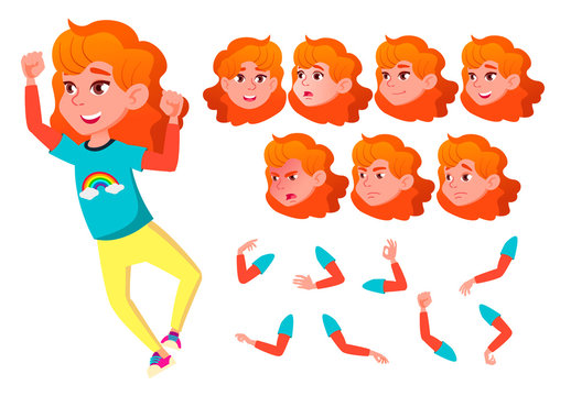 Girl, Child, Kid, Teen Vector. Smile. Cute. Happiness Enjoyment. Face Emotions, Various Gestures. Red Head. Animation Creation Set. Isolated Flat Cartoon Character Illustration