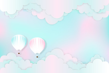 Hot air balloons on the pastel sky background as design paper art and craft style concept. vector illustration