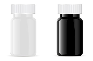 Pills bottle. Black and white medical glass or glossy plastic container for drugs, diet, nutritional supplements. Vector illustration isolated on white background.