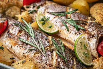 sea bass fish baked with vegetables and spices, close-up