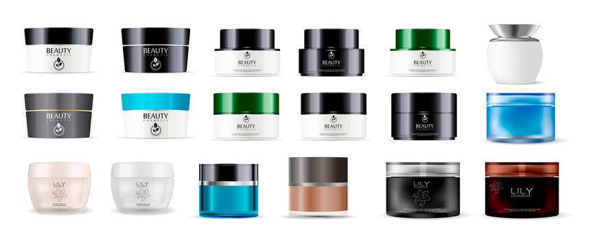 Cosmetic jars mockup template set. Different color cosmetics packaging glass or plastic made with lids. Blank containers for cream, salt, ointment, gel, butter, skin care, powder. Vector illustration.