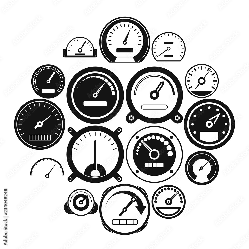 Poster speedometer icons set in black simple style for any design