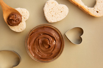 Chocolate hazelnut spread in glass bowl. Hazelnut Nougat cream.