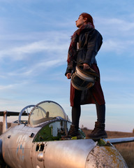 Portrait girl with flight helmet