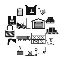 Warehouse logistic storage icons set in flat style for any design