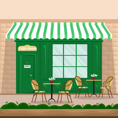 Vector flat illustration of coffee shop facade in retro style with tables and chairs on the street.