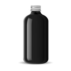 Aluminium lid Pharmacy bottle for medical liquid products, pills. Black glass cosmetic bottle mockup for shampoo, soap, gel. Vector illustration.