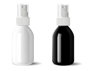 Realistic black and white glossy glass or plastic Cosmetic bottles can sprayer container set. Dispenser cockup template for cream, soups, and other cosmetics or medical products. Vector illustration.