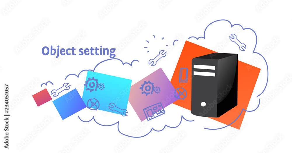 Aufkleber computer technical serviceobject setting concept sketch doodle horizontal isolated flat vector illus
