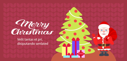 santa claus near decorated fir tree gift boxes present merry christmas happy new year holiday concept greeting card flat horizontal copy space vector illustration