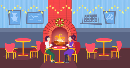 women couple drinking coffee decorated fireplace cafe interior merry christmas happy new year winter holiday concept flat horizontal vector illustration