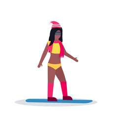 sexy snowboarder woman in swimsuit winter sport activities lady wearing bikini female carton character sportswoman snowboarding full length flat isolated vector illustration