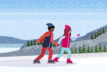 mix race couple skating ice rink winter sport activities snowy mountain fir tree forest landscape background full length profile flat horizontal vector illustration