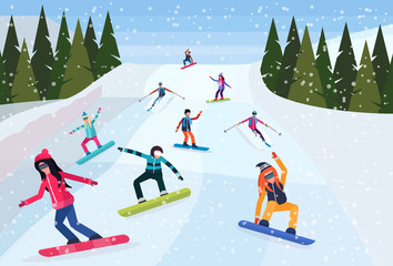 snowboarders sliding down snowy mountain hill fir tree landscape background people snowboarding winter vacation concept flat horizontal vector illustration