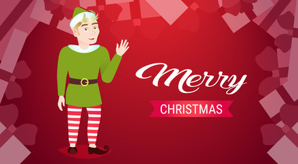 merry christmas happy new year holiday celebration concept waving elf boy santa helper greeting card horizontal flat vector illustration