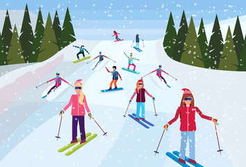 skiers sliding down snowy mountain hill fir tree landscape background people skiing winter vacation concept flat horizontal vector illustration