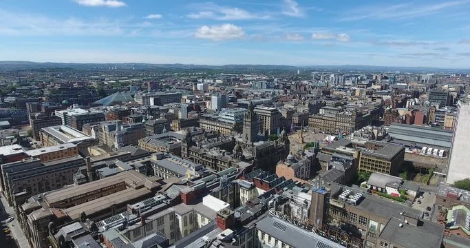 Aerial view of Glasgow from a drone during a sunny day in Scotland