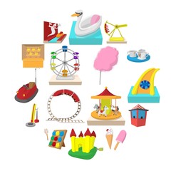 Amusement park cartoon icons set isolated on white background