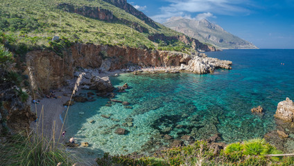 Panorama of Cala Disa, one of the beautiful beaches in nature reserve Zingaro in Sicily