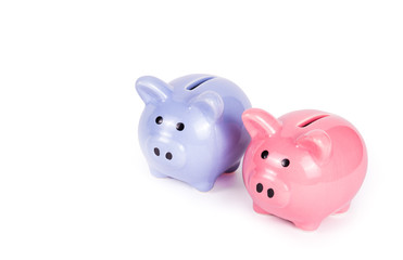 Two piggy banks on white background. Blue piggy bank on white background. Pink piggy bank. Copy space. Money and finance.