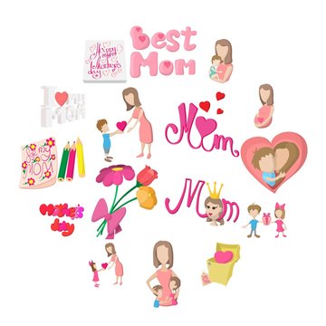 Mother Day cartoon icons set isolated on white background