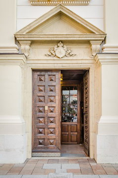The front door of the church of the Merciful Brothers in Pecs