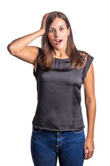 Obraz premium worried and surprise young woman isolated on a white background