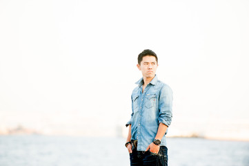 Japanese guy poses for pictures in Tokyo, Japan