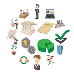 Business icons set in cartoon style on white 