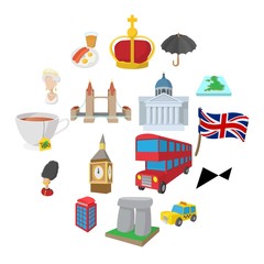 England icons set in cartoon style isolated on white