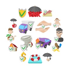 Insurance icons set in cartoon style isolated on white