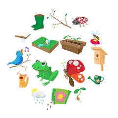 Fototapeta premium Spring icons set in cartoon style on a white background