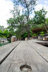 Fototapeta na wymiar wooden footbridge over lake