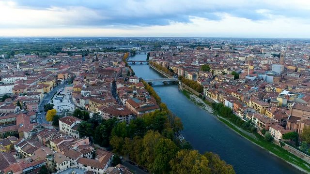 Verona skyline aerial view from tp in 4k Italy city.