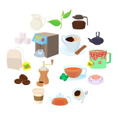 Coffee and tea icons set in cartoon style on a white background