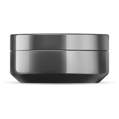 Glossy black cosmetic cream jar mockup template. Cosmetics packaging glass or plastic made with lid. Blank container for cream, salt, ointment, gel, butter, skin care, powder. Vector illustration.