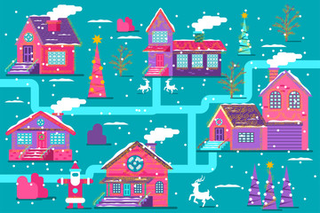 Christmas house with lights garlands, tree, reindeer and Santa Claus. Holiday town scene. Winter landscape vector flat illustration.