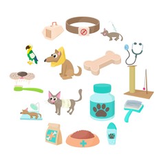 Veterinary icons set in cartoon style isolated on white background