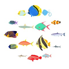 Fish icons set in cartoon style isolated on white background