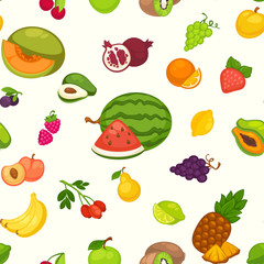Banana and watermelon, cherry and pineapple fruits seamless pattern isolated on white background.