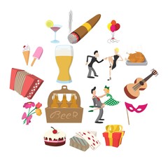 Party Icons set in cartoon style isolated on white background
