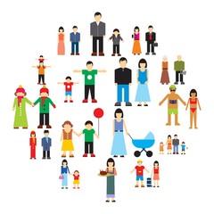 Family flat icons set. Story from childhood to old age