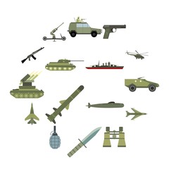 Obraz premium 16 weapon flat icons set. Color illustrations with military truck helicopter and ship 