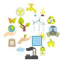 Universal ecology flat icons set. 16 color symbols