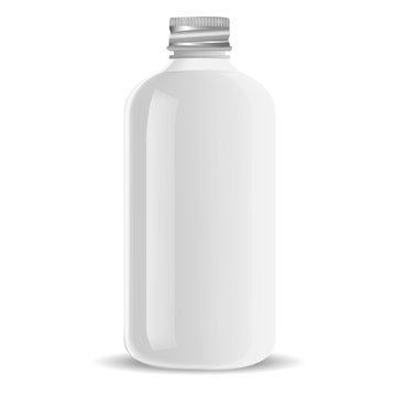 Aluminium lid Pharmacy bottle for medical liquid products, pills. White glass cosmetic bottle mockup for shampoo, soap, gel. Vector illustration.