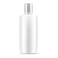 White shampoo cosmetic bottle mockup. Realistic vector 3d illustration of cosmetics package with silver lid. Clear blank template for your design.