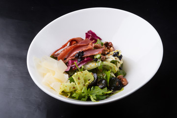 Elegant duck meat salad with caviar