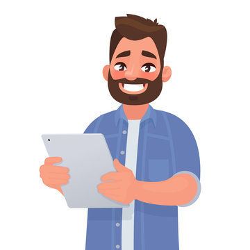 Happy man holding tablet computer in his hands. Vector illustration