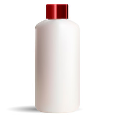 Pearl white round cosmetic bottle mockup with red cap. Cosmetics product packaging template isolated on white background. Vector shampoo container template.